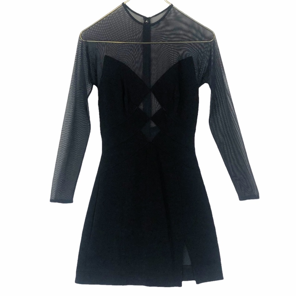 VINTAGE 90s Lillie Rubin Black Stretch Mesh Geometric Cutout Long Sleeve Bodycon
